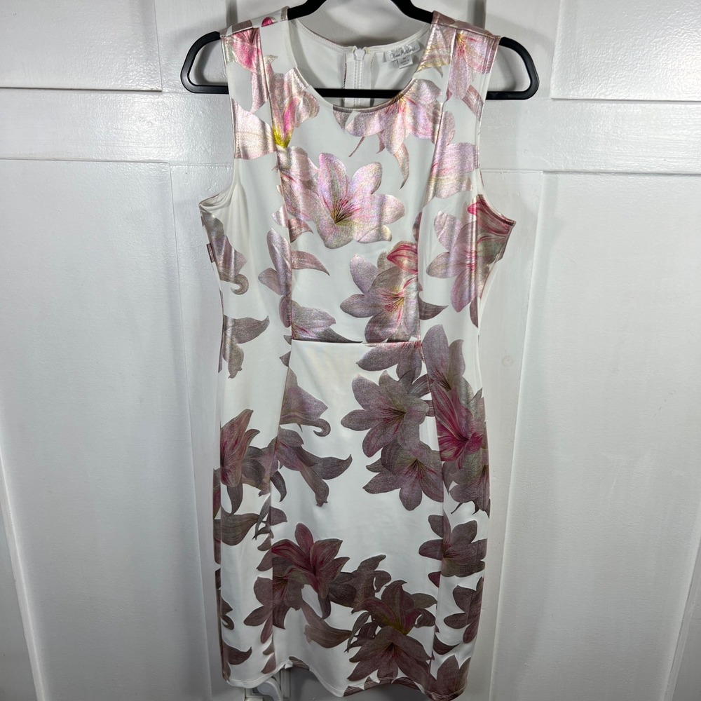 Olivia Matthews Metallic Floral Sheath Dress White Pink Gold Sleeveless 503-218